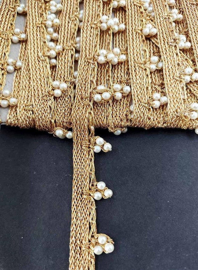 Mezin 3 Moti Handmade Pearl Beads Border Lace for Bridal Dresses, Sarees, Lehengas, Decoration, Bag and Designing Embellishment Crafts (9 Mtr) (Antic Gold) - Image 1